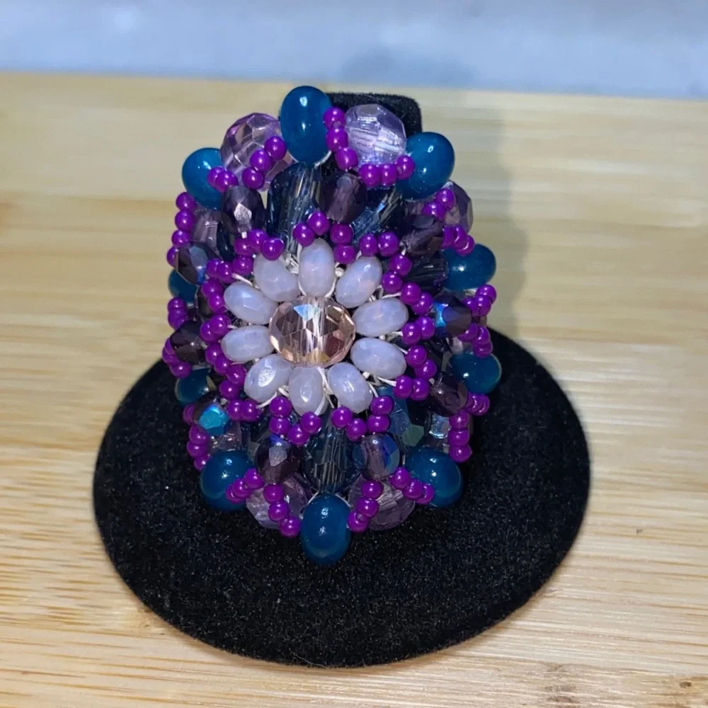 Purple and Blue Women's Beaded Ring Size 8